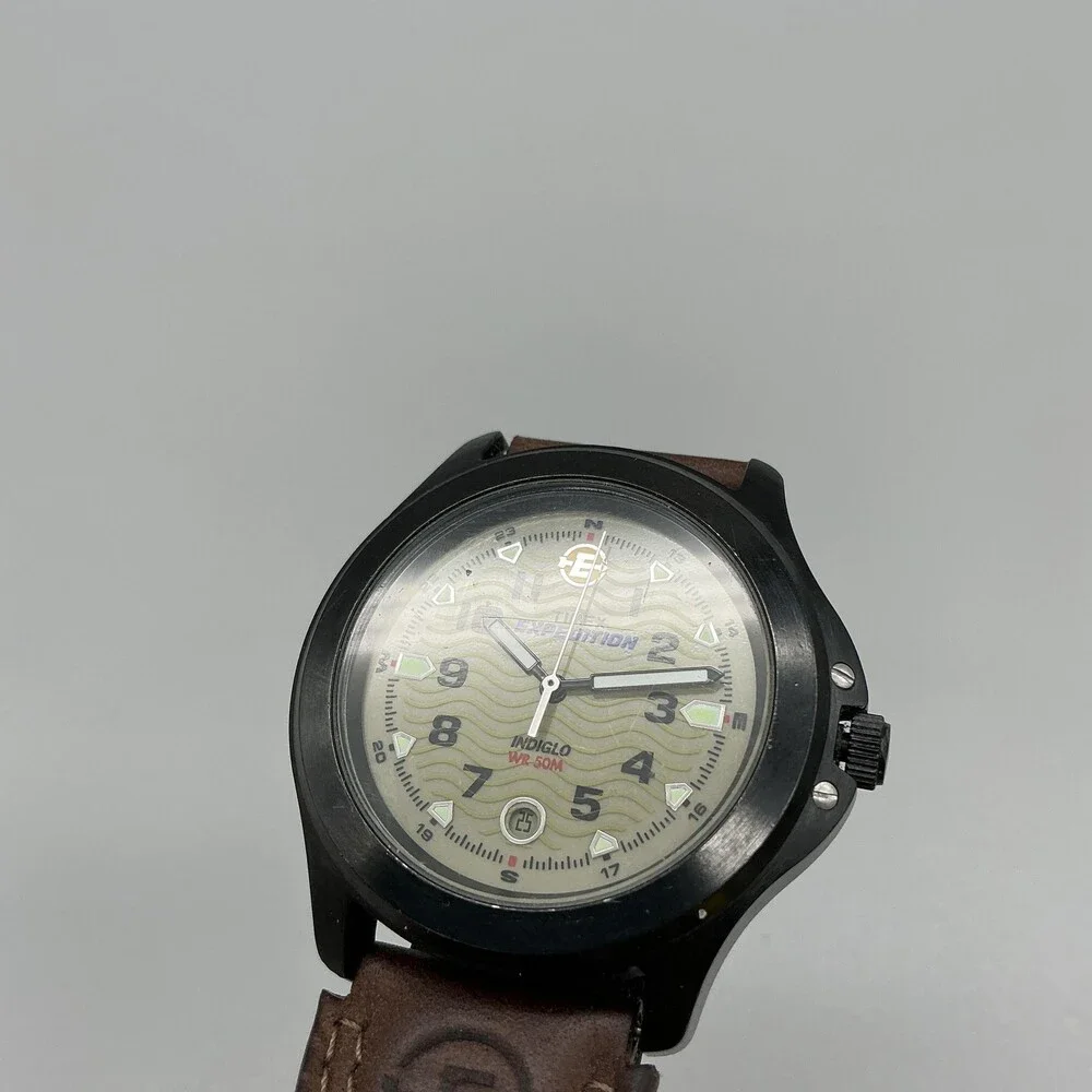 Timex Expedition Indiglo Mens Watch 40mm Beige Dial Date Leather New Battery